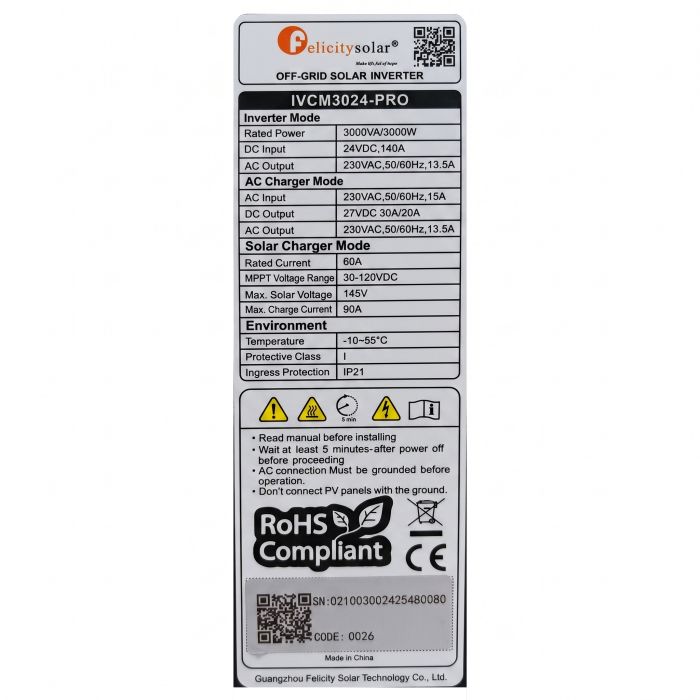Інвертор сонячний Felicity IVCM3024-PRO (24В, 3 кВт)