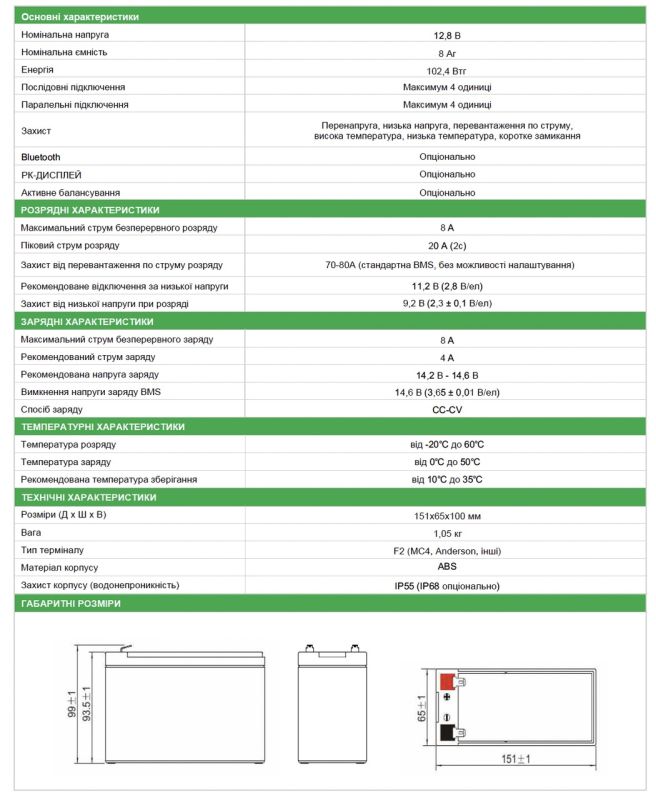 Акумулятор EverExceed LDP 12-8 (12V8Ah) LiFePO4