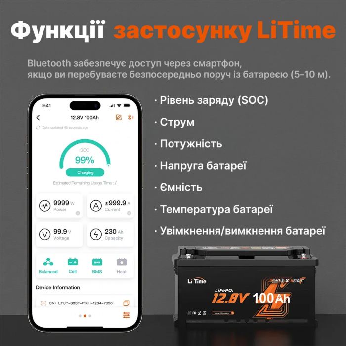 Акумулятор LiTime 12-100 H190 SMART Bluetooth LiFePO4