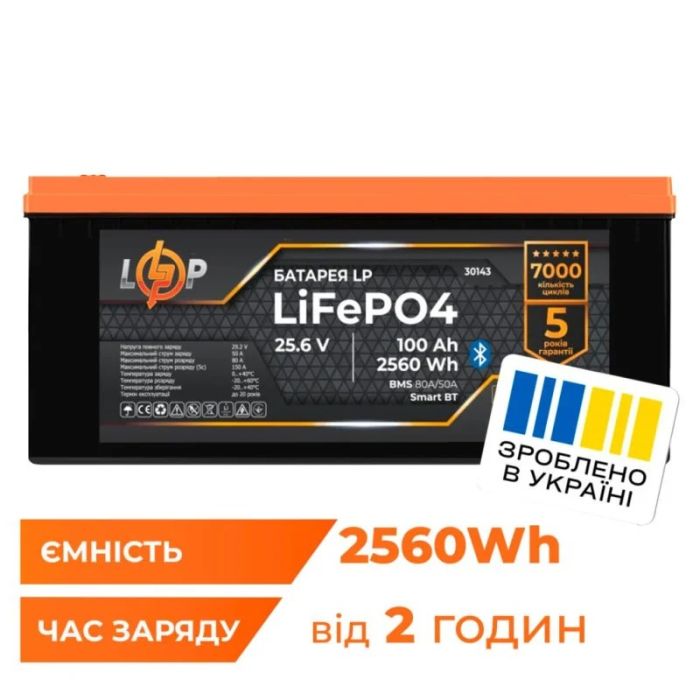 Акумулятор LP LiFePO4 25,6V - 100 Ah (2560Wh) (BMS 80А/50А) пластик Smart BT (30143)